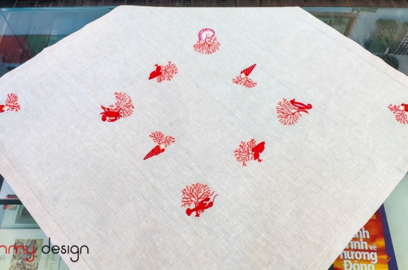 Square table cloth - Red nautilus embroidery (size 90cm)